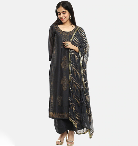 Women Grey Printed Beads and Stones Kurta with Salwar